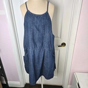 Free People Denim Mini‎ Dress Womens Size L Tie Back Pockets Jeans Tunic Top